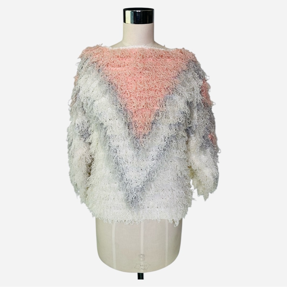 Vintage 80s Sideffects Hand- Crocheted Geometric Shaggy‎ Pullover Sweater